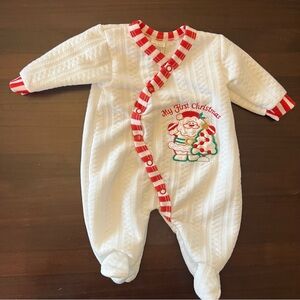 Vintage Christmas Baby Button Up Romper Pointelle White Red Embroidered Small